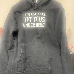 Black Graphic Pullover Hoodie - 'Tattoos Under Here'